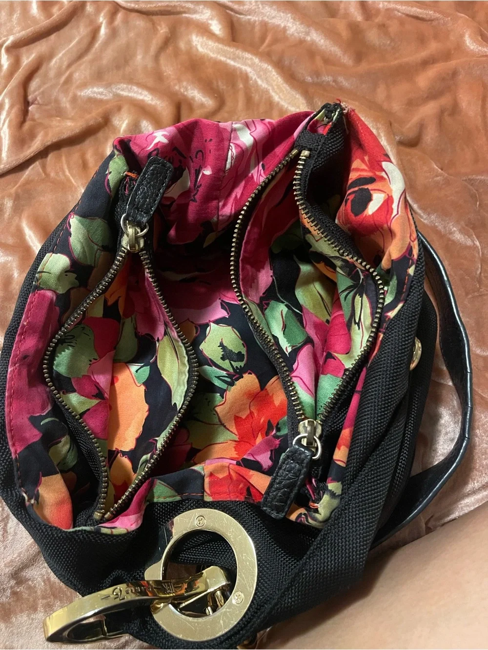 JPK Paris 75 Nylon Hobo Shoulder Bag W/ Chunky Gold Hardware & Floral Lining